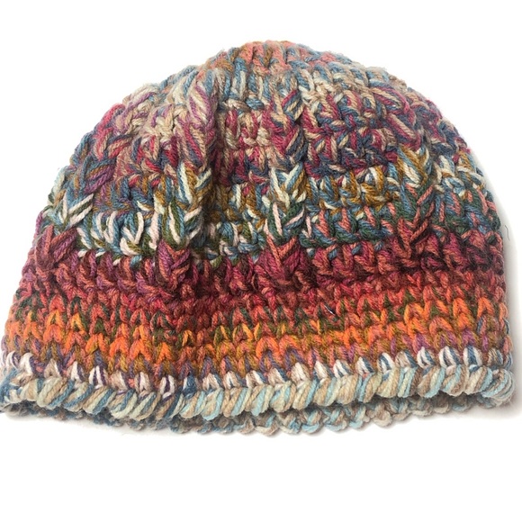 Girls Knit Hat Tan, Blue, Pink, Orange Hand Knitted Beanie Hat - Picture 2 of 5